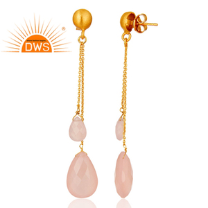 Boucles d'oreilles chaîne briolette calcédoine rose en argent sterling poli or Collection classique - Product Image 3