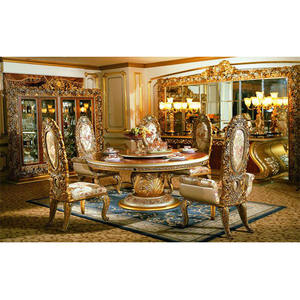 Ensemble de table et de chaises de salle à manger en teck royal moderne, de haute qualité, sculpté à la main en or, durable, taille personnalisée, meubles de salle à manger - Product Image 1