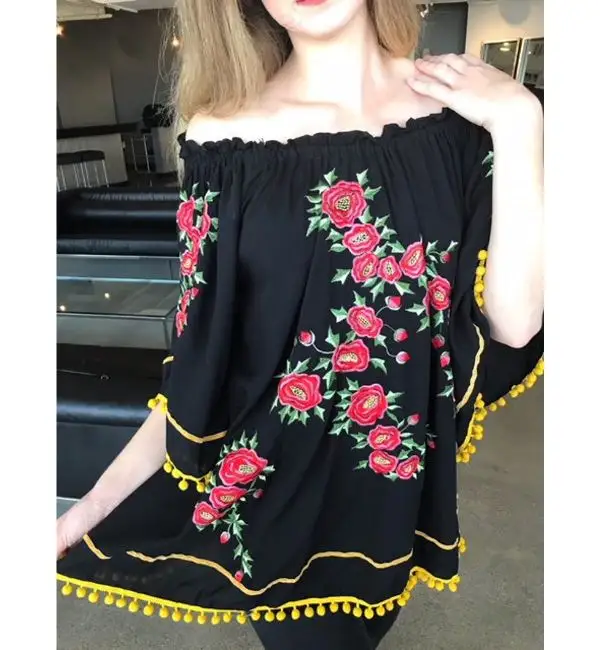 Hot Glamorous Latest Western Style Embroidered Floral Off Shoulder Tunic With Tassel Casual Party Wear Dress