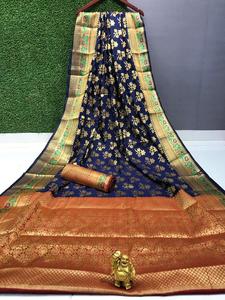 Le plus récent et riche Look Kanjivaram soie Saree avec chemisier pièce femmes indiennes portent Sari pas cher bas prix en gros Surat vêtements - Product Image 4