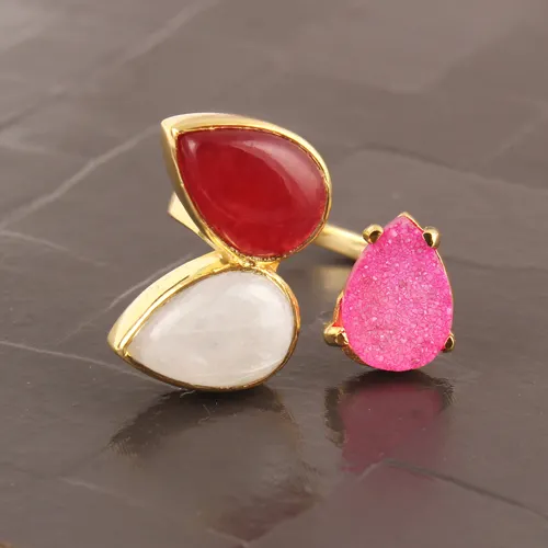 Moonstone แหวนหินหยกสีแดงและหิน Druzy แหวนหินสีชมพูชุบทอง/เงินขายดีที่สุดแหวนสามชิ้นปรับได้สำหรับทุกเพศ