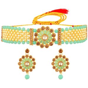 Indian Style Women's Gold Plated Jewelry <b>Set</b> with Crystal Choker Faux <b>Pearl</b> Beaded <b>Necklace</b> Diamond Earrings Weddings Parties - Product Image 1