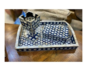 Plateau de service en bois d'acacia brun et blanc de style arabe, cadeau de Ramadan et de l'Aïd, incrustation de nacre, ensemble de trois pièces, taille personnalisable - Product Image 4