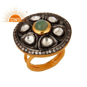 Antique Style Bijoux de Bague de Cocktail Fabricant Vert Émeraude Cristal Polki Plaqué Or 18k 925 Argent Bijoux Grossiste - Product Image 1