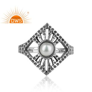 Bague en argent 925 texturé oxydé antique avec pierre précieuse en perle blanche, bague ajustable, fournisseur de bijoux, collection classique - Product Image 2