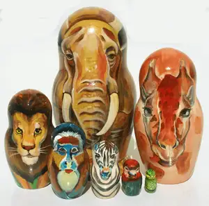 African Animals Matryoshka Handmade Wooden Nesting Stacking Dolls Toys For Toddlers Genuine Russian Art Exotic Nature Set 7pc