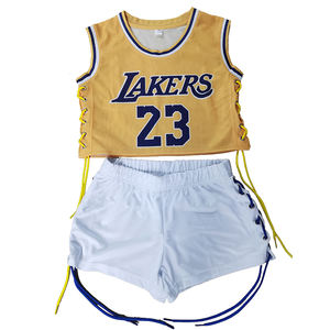Ensemble de vêtements pour femmes en jersey et short en maille de basket-ball à lacets en polyester personnalisé à la mode, deux pièces, haut court - Product Image 5