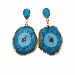 Pendientes de piedra doble para mujer, piedra natural solar, cuarzo y azúcar, Gema drusa, pares, hechos a mano, fábrica, venta al por mayor, joyería - Product Image 1