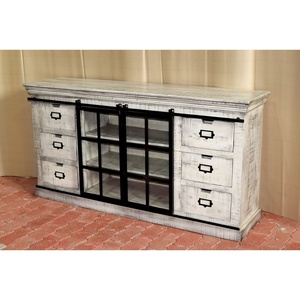 Aparador de oficina de lujo de estilo industrial vintage moderno, cajones de madera, puerta corredera de cristal de hierro, acabado desgastado para el hogar - Product Image 4