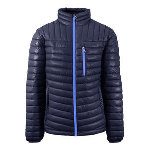 OEM Custom Men's Thin Winter Jacket <b>Wool</b> Fabric Blue Bubble Design with Stand Collar <b>Quilted</b> Puffer Logo Black Letterman Style - Product Image 2