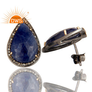 925 Sterling <b>Silver</b> and <b>Solid</b> Yellow Gold Pave Diamond & Pear Blue Sapphire Pear Shape Stud Earrings Jewelry Wholesaler - Product Image 2