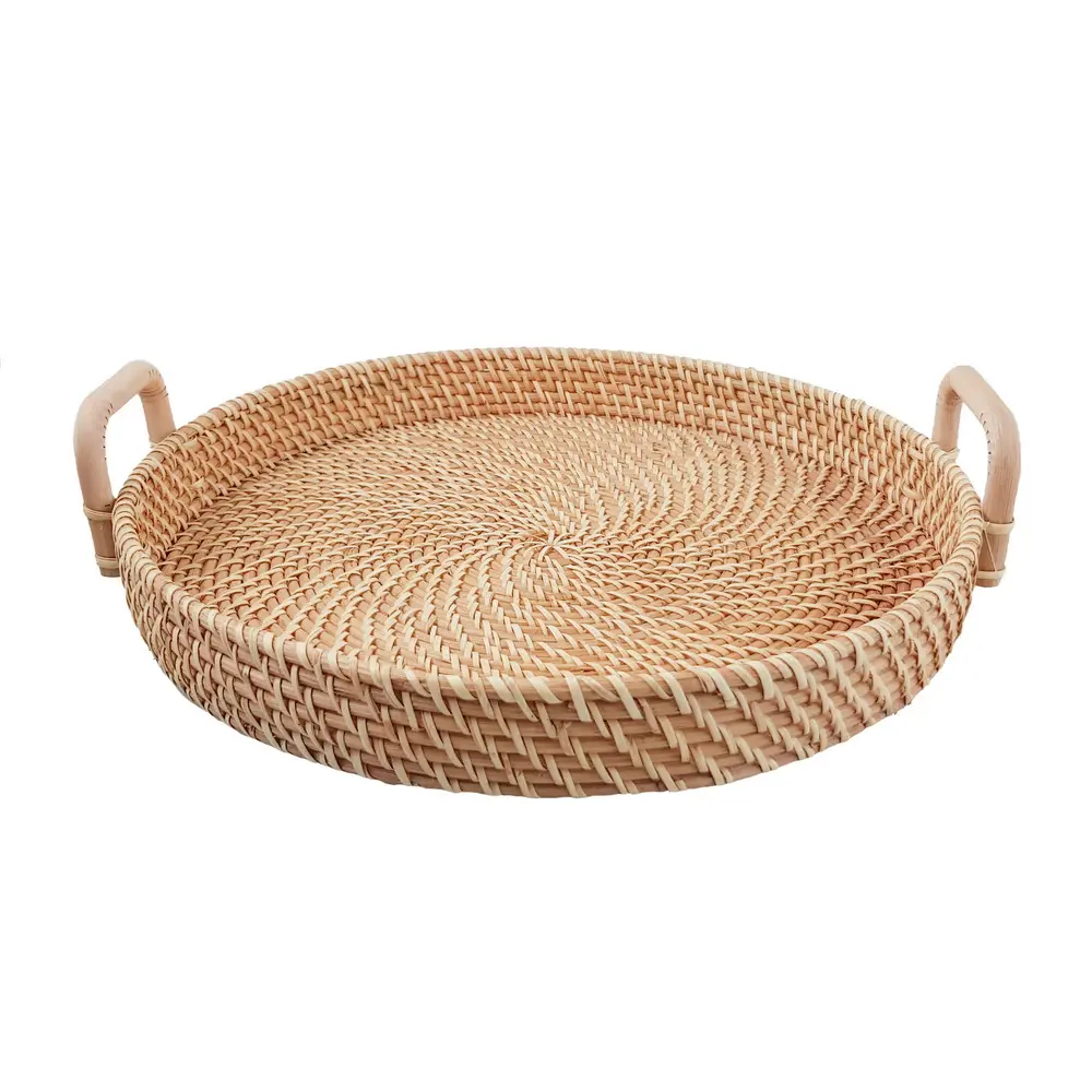Round rattan serving tray storages basket with hand woven for decorating Table made in Vietnam