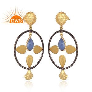 <b>Blue</b> Chalcedony Designer Gold Plated Drop Stud Earring Fashion <b>Jewellery</b> For Women Gift For Her Classic Collection - Product Image 2