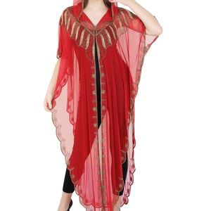 Robe longue à capuche sexy en filet avec broderie de perles et de cristaux Broderie à la main sur le devant ouverte - Product Image 1