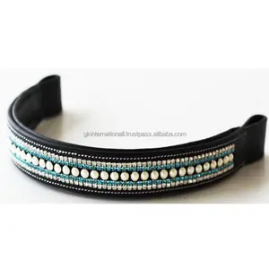 Bande de front de cheval en cuir noir personnalisée avec rangée de strass Bling incurvés en forme de fabricant exclusif fait à la main - Product Image 1