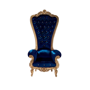 เก้าอี้ดีไซเนอร์หุ้มกำมะหยี่และไม้ ตกแต่งกระดุมสีน้ำเงินและสีทอง เก้าอี้ตกแต่งงานแต่งงาน - Product Image 1