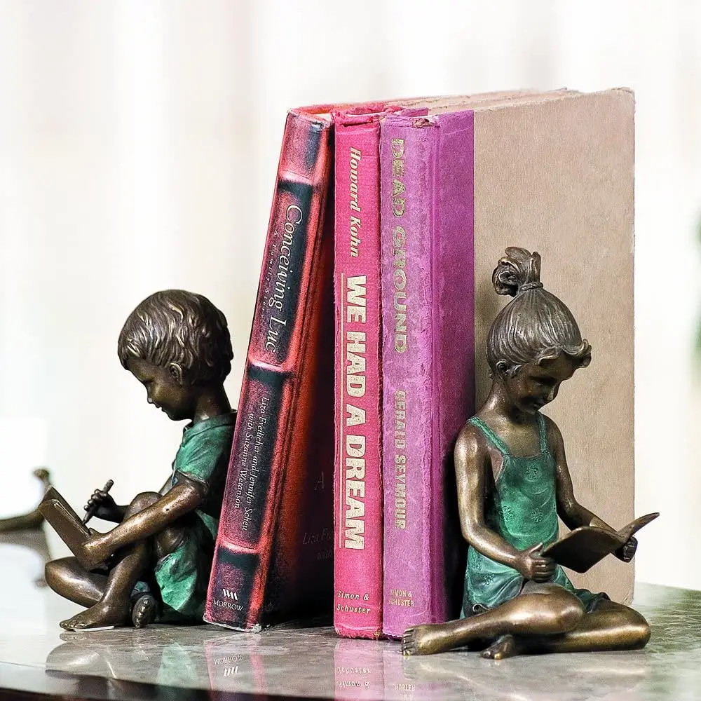 Livro de decoração estante de metal artesanato menina e menino antigo bronze estante