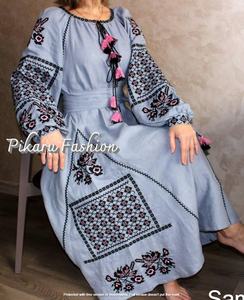 Haute qualité Designer Style occidental robe mi-longue glamour Boho broderie florale col en v manches ballon Streetwear naturel - Product Image 4