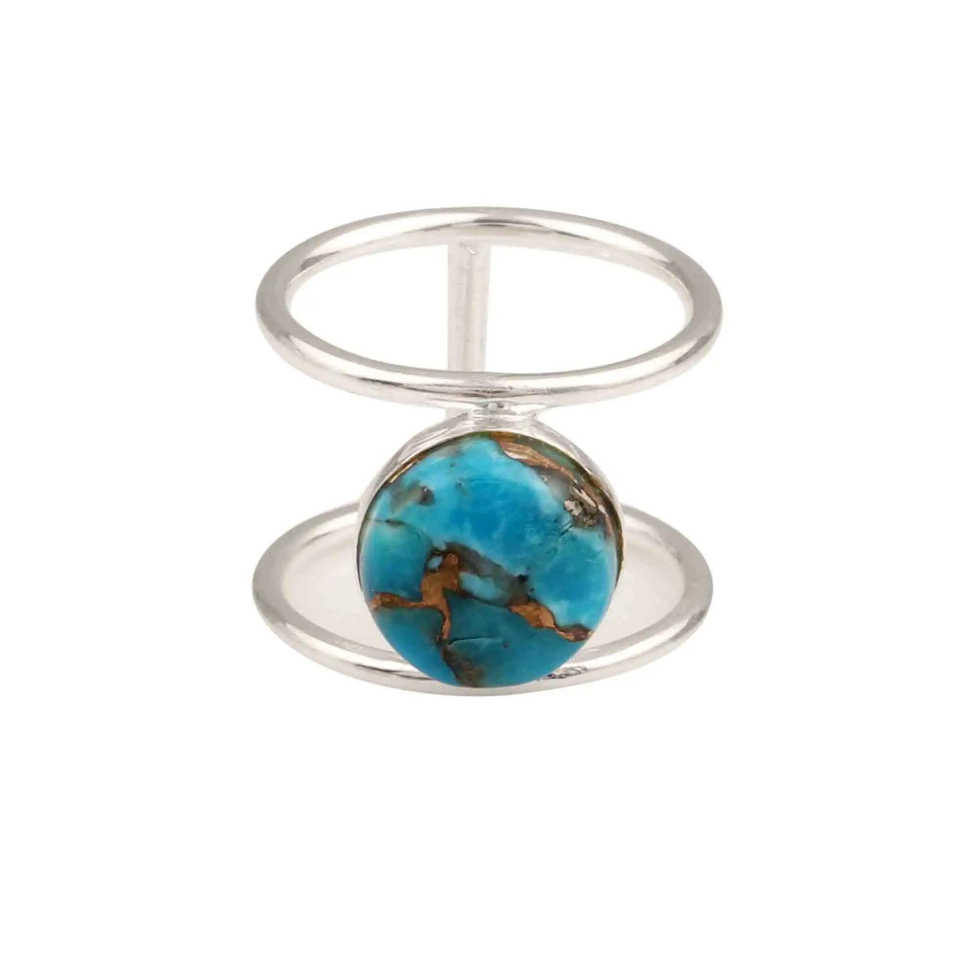 Beautiful Natural 10mm Blue Copper Turquoise Gemstone Double Band 925 Silver Sterling Gold Polishing Boho Handmade Ring For Her