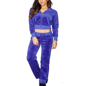 महिलाओं tracksuit फसल शीर्ष डिजाइन कस्टम मखमल velour 320-340-gsm पूर्ण आस्तीन tracksuit सेट