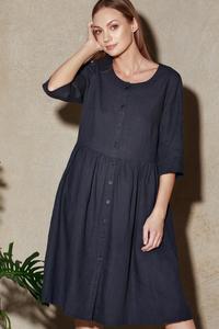 Robe mi-longue en crêpe de lin bleu foncé, col rond, manches longues, coupe trapèze, formelle, respirante, ample, couleur unie, pour les vacances d'été - Product Image 3