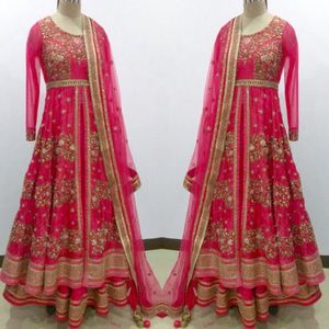 2022 Pink Long Lehenga Dress with Embellished Crystal Glass Beads and Dabka Party/ Wedding Wear <b>Top</b> with Lace Button Decoration - Product Image 1