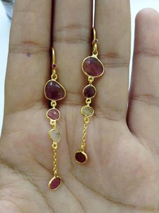 Pendientes de piedras preciosas de corte indio, turmalina, varios colores, sandía, chapado en oro y plata de ley 925 - Product Image 2