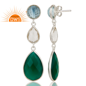 Boucles d'oreilles pendantes en topaze bleue, Quartz cristal et Onyx vert, bijou en argent, offre spéciale - Product Image 3