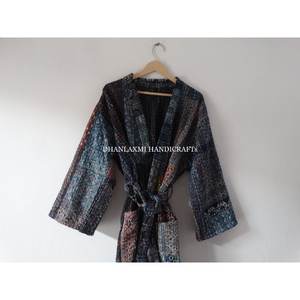 Vestido largo de algodón con parche Ajrakh para mujer, ropa de dormir acolchada hecha a mano, estilo Kimono, albornoz, color azul Indigo, venta al por mayor - Product Image 3