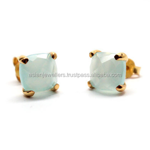 Plata de ley Aqua Calcedonia Piedra preciosa Ajuste Oro Vermeil Stud Pendientes-Regalo de fiesta de aniversario clásico - Product Image 1