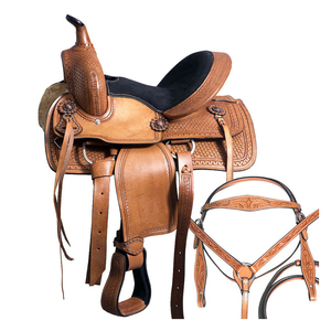 YnZ cuero genuino 14-18 \ "monturas de carreras de barril juego de tachuelas de caballo occidental con cuello de pecho y riendas para montar - Product Image 1