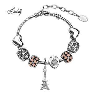 Premium Austrian Crystal Jewelry Designer Paris Eiffel Tower And Pink Enamel Heart Gold Charm Bracelet Destiny Jewellery