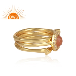 Indian Classic Collection Zircon Peach <b>Moonstone</b> Set Ring Yellow Gold Plated Jewelry Wholesale 925 Sterling Silver Designer Ring - Product Image 2
