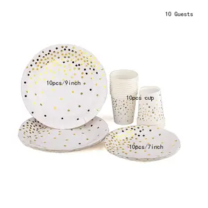 Beyaz ve altın parti malzemeleri tek kullanımlık siyah kağıt tabaklar yemek takımı seti düğün doğum günü partisi bebek duş