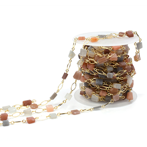 Peach & Gray Moonstone Nuggets Rosary Chain 10–12mm Brass 18K Gold Plated <b>Wire</b> Wrapped Gemstone Chain Sold by Foot - Product Image 5