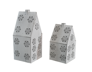 DECORATIVE METAL HUT-SHAPED DESIGN SET of 2 VOTIVE T-LIGHT <b>HOLDER</b> CHRISTMAS <b>TEALIGHT</b> <b>HOLDER</b> WHITE VOTIVE - Product Image 1