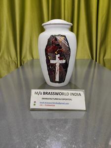 Urna de aluminio pintada a mano para cenizas, suministros funerarios, BRASSWORLD, INDIA - Product Image 3