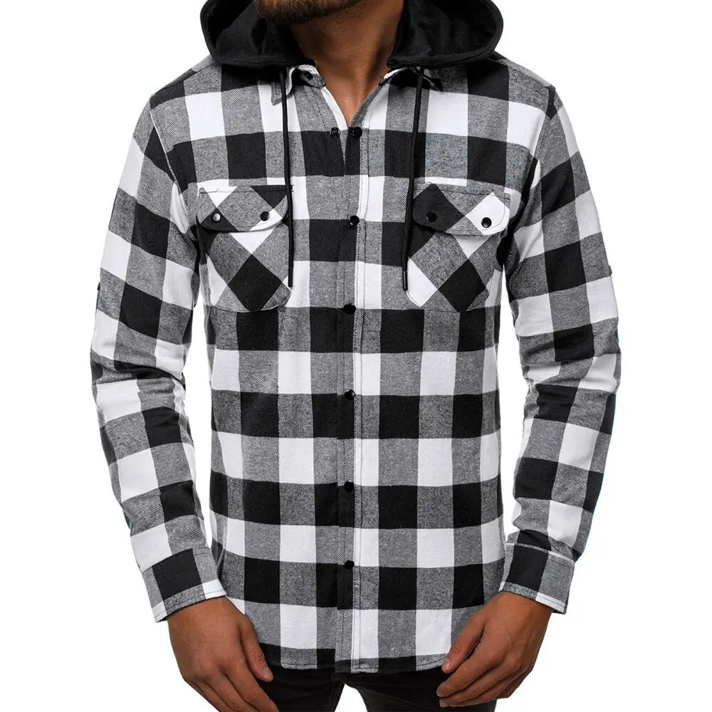 Casual Men's Hooded shirt Pocket Flannel Plaid Cotton Shirt Long Sleeve Checkered Casual Slim Black Warm Autumn Winter Shirts