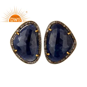 Pave Set Diamond Blue Sapphire Stud Earrings Jewelry Wholesale 14k Gold Plated 925 Sterling Silver Jewelry