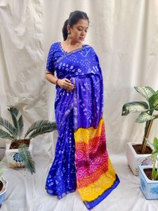 เสื้อส่าหรีผ้าไหมบันเดจแบบดั้งเดิมของอินเดีย พร้อมผ้าปาลูสวยงามหรูหราสำหรับสุภาพสตรี - ผู้ผลิตส่าหรีจากเมืองสุรัต ประเทศอินเดีย - Product Image 3