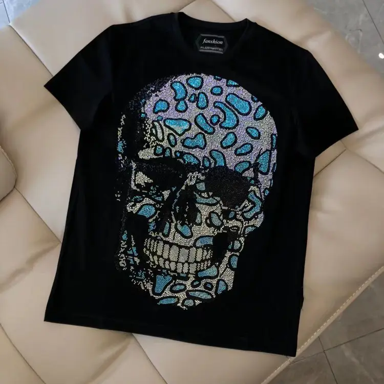 High Quality Luxury Brand Men's T-Shirts Mercerized Cotton tee-shirt Rhinestones Skull t Shirt rhinestones t shirts for men
