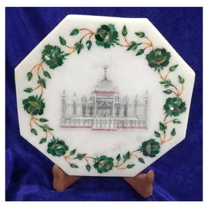 Plaque vintage à incrustation en marbre blanc, avec taj mahal - Product Image 1