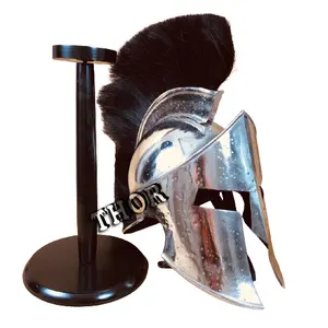 Medieval Spartan Helmet King Leonidas 300 Movie Helmet SCA LARP Replica Costume Silver Finish Wooden Stand