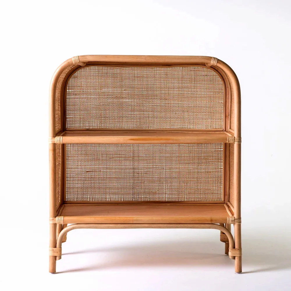 Nuovo design Vintage Basso Rattan Libreria Del Basamento 2 Rack di Piano del Commercio All'ingrosso in Vietnam