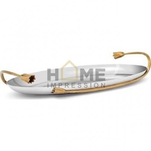 Wholesale Suppliers of Modern Design Tableware Food Serving <b>Tray</b> Silver Finish <b>Large</b> Oval Metal <b>Tray</b> With Two Unique Handles - Product Image 6