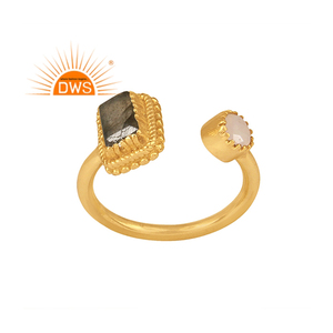 18k Gold Plated 925 Sterling <b>Silver</b> Bezel Setting Stackable Women's <b>Ring</b> with Ethiopian <b>Opal</b> and Labradorite Gemstone - Product Image 1