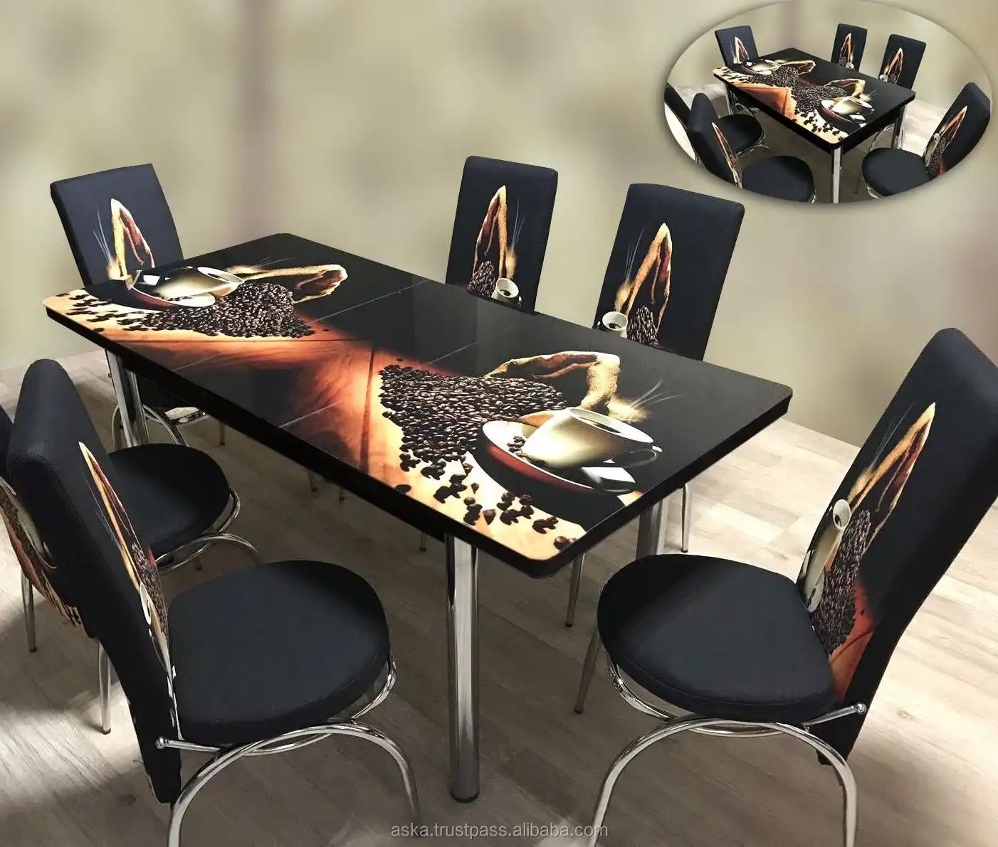 Juego de comedor mesa de cocina de vidrio con mecanismo, silla de metal tapizada estampada
