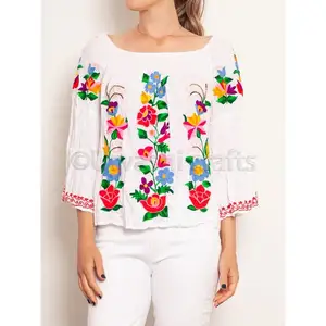 Gypsy fashionable plus size long sleeve hand embroidered women off shoulder white blouse