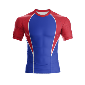 Camiseta de Rugby Personalizada Azul y Roja, Impresa por Transferencia de Calor, 100% Poliéster, de Alta Calidad, Transpirable, Cómoda y Antibacteriana - Product Image 1