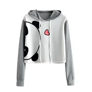 Toptan uzun kollu bayan kadın pamuk polar kazak kırpılmış üst Hoodie